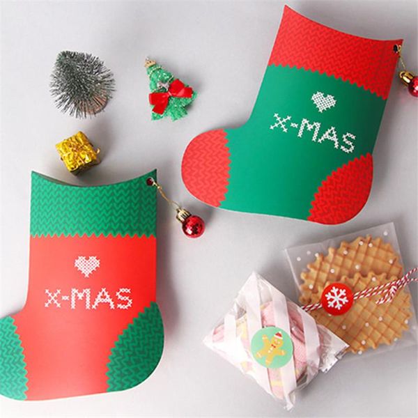 

10pcs xmas stocking sahpe candy boxes with small ball pendant merry christmas cookie chocolate package box year party supply gift wrap