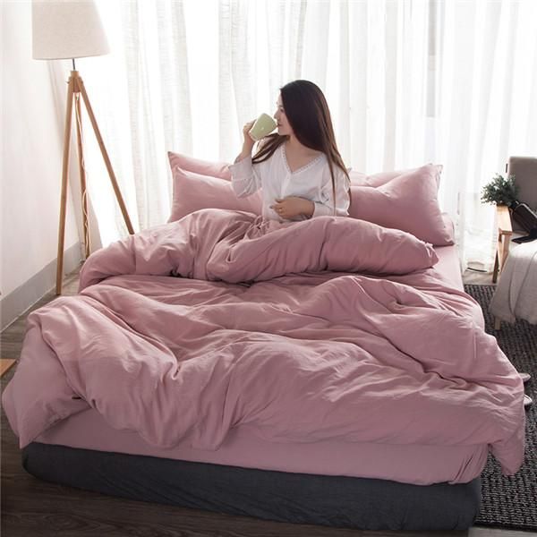 

soft washed cotton bedding set white bedlinen twin full  king duvet cover bed sheet solid color bedclothes sets