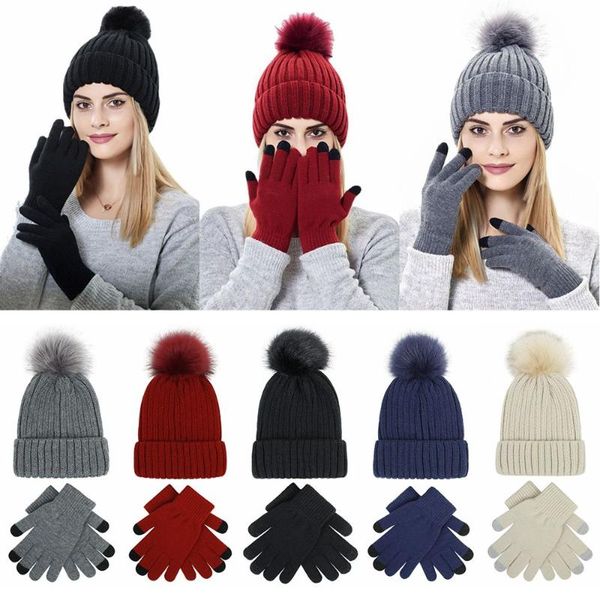 

hats, scarves & gloves sets fashion thick winter knit slouchy beanie hat set touch screen mittens faux fur pom hats, Blue;gray