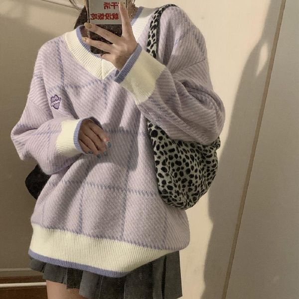 

women's sweaters retro y2k love embroidery knitted sweater pullover women 2021 autumn winter korean loose medium length v-neck knitwear, White;black