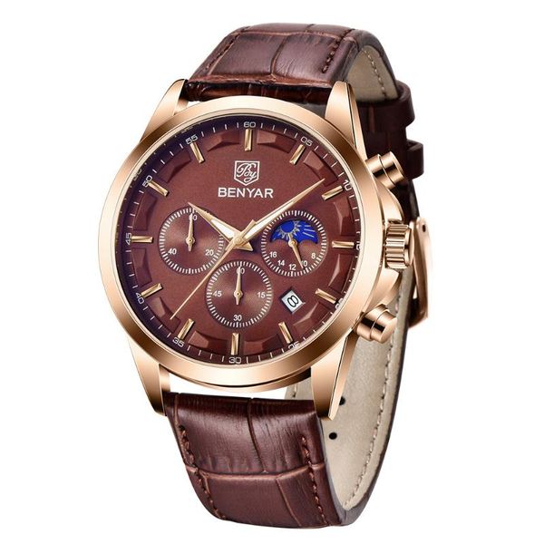 

wristwatches benyar by-5160 men sport chronograph waterproof clock watches quartz wrist watch, Slivery;brown