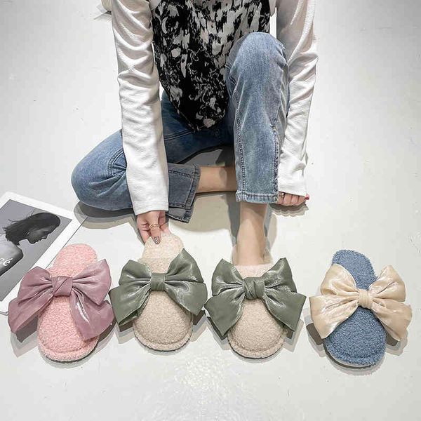 

slippers low link with bow lace, ladies'shoes luxury skin, soft teddy slippers xjzw, Black