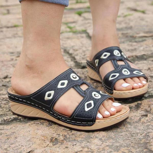 

sandals 2021 summer women vintage hollow out casual woman slip on shoes ladies open toe breathable beach sandalias mujer d4, Black