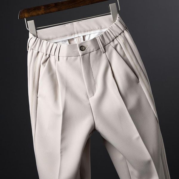 

men's pants 2021 thin dark striped nine-point suit slim summer youth solid color korean fashion business casual plus size, Black