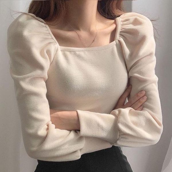 

solid square collar puff sleeve women t shirt spring pleated knitted shirts elegant casual slim fit ladies tee women's t-shirt, White