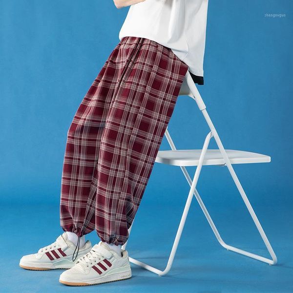 

men's pants fashion casual plaid hiphop street blasting neutral style drawstring leggings hip hop loose, Black