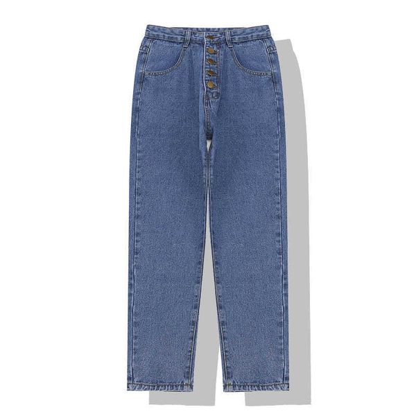 

perhaps u women autumn winter single-breasted solid jeans pocket casual straight ankle length pants p0003 blue white 210529