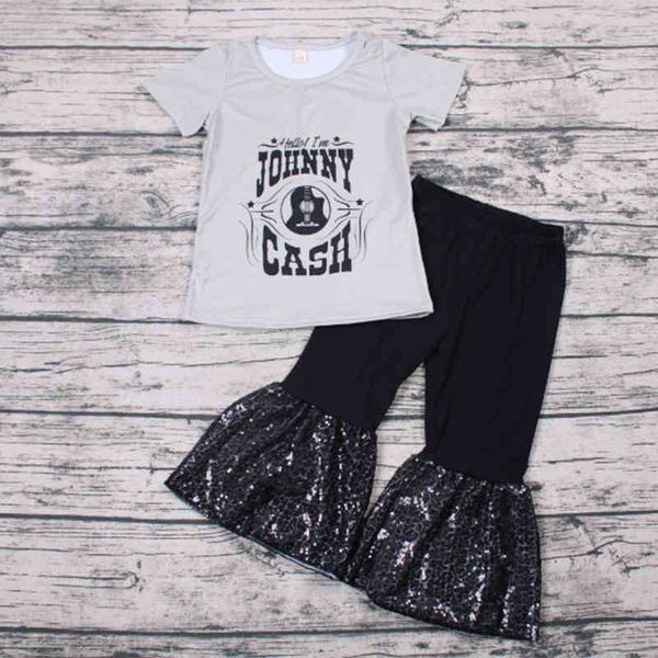 

clothing sets new fall baby girls clothes kids wear outfits 2pcs cute johnny cash bell bottom pants boutique children fornite c0223, White