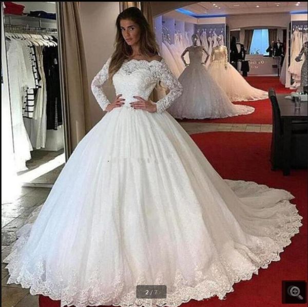 

robe de mariage 2021 white tulle ball gown wedding dresses beaded lace appliques off the shoulder long sleeve vintage bridal gowns princess