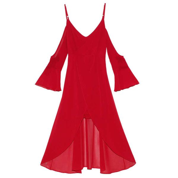 

perhaps u red v neck strap backless long flare sleeve hollow out asymmetrical split maxi dress summer empire beach d0441 210529, Black;gray