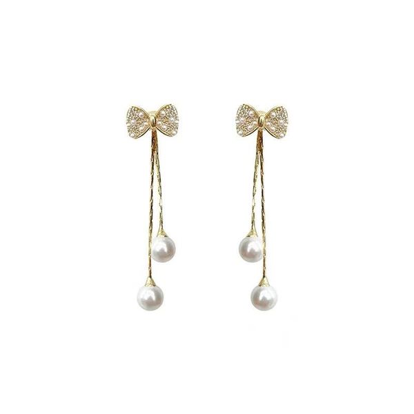 

dangle & chandelier south korea's fashion sweet bow pearl earrings tide temperament simple and versatile long tassel exquisite jewelry, Silver