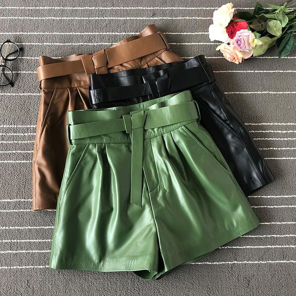 

women's pants & capris europe style belt leather 2021 fall/winter genuine high-waist wide-leg short b084, Black;white