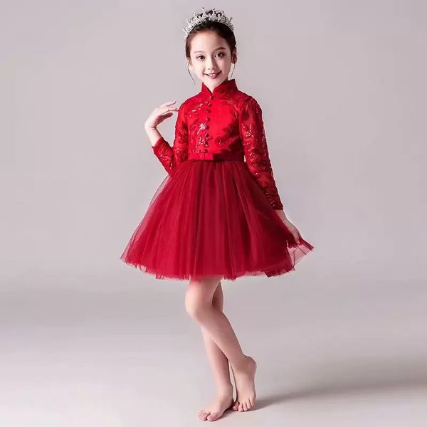 

red tulle pretty flower girl dresses vestidos lace baby kids formal wear high collar short, White;blue
