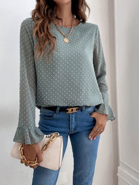 

swiss dot flounce sleeve blouse i0jo#, White