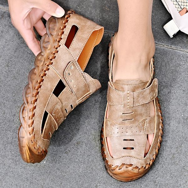 

summer mens causal sandals designer mens leather sneakers handmade outdoor slippers masculino slip-on loafers zapatos hombre, Black