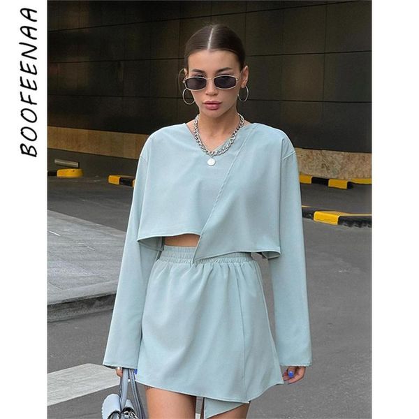 

women's tracksuits boofeenaa casual 2 piece sets shorts skirts and asymmetrical long sleeve crop 2021 fall outfits women matching c83-d, Gray