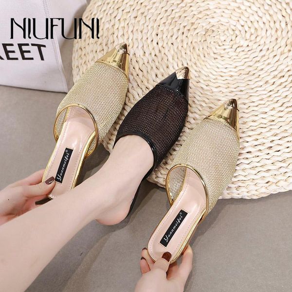 

fashion pointed hollow shallow low heel women's slippers 2021 flats shoes casual wear slip on ladies sandals slides, Black