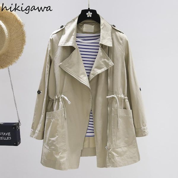 

women's trench coats hikigawa coat korean fashion turn down collar long sleeve zipper female overcoat solid casual straight, Tan;black