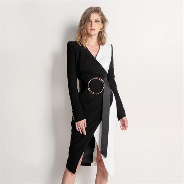 

casual dresses women autumn style full sleeves black white patchwork sashes bodycon bandage dress 2021 vintage elegant evening party, Black;gray