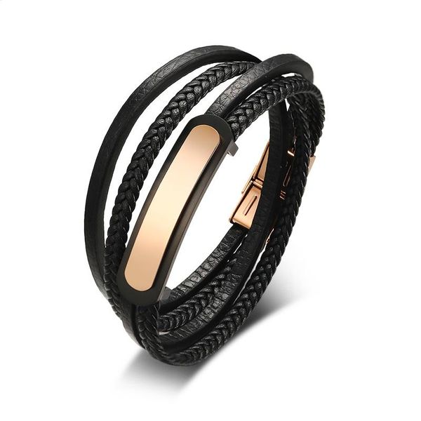 

multi-layer stainless steel bent brand pu leather hand rope black + rose gold color fashion men jewelry bracelets bl-365 link, chain