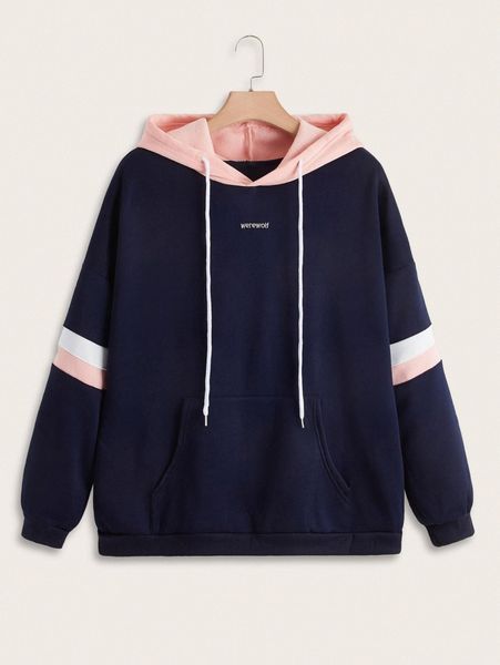 

plus color block and letter graphic drawstring hoodie f3pn#, Black