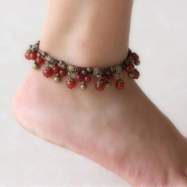 

anklets bohemian stone copper bead anklet for women handmade elastic beach small bell bracelet foot jewelry ancle braclets, Red;blue