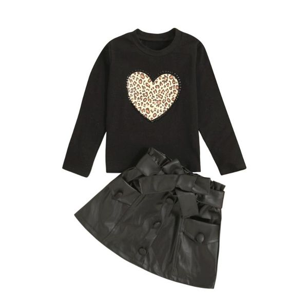 

clothing sets toddler 3pcs casual outfits girls leopard love pattern long sleeve round neck pullover solid color skirt with belt 0-6years, White