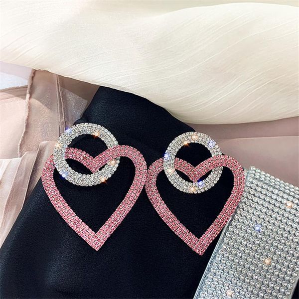 

dangle & chandelier pink color round heart crystal earrings for women girls oversize circle rhinestone drop statement party gifts, Silver