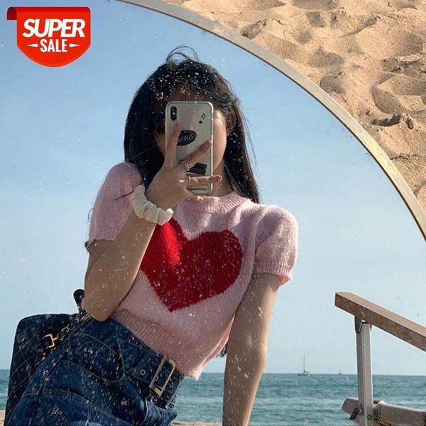 

sweet to the tip of heart, retro love slim short-sleeved sweater women's outer wear thin short #ct63, White