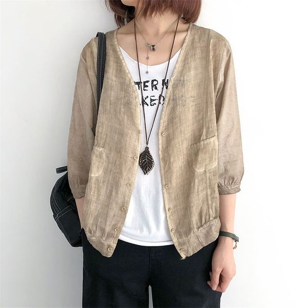 

arrival spring autumn arts style women 3/4 sleeve loose linen short coat jackets single breasted v-neck vintage m253 210512, Black;brown