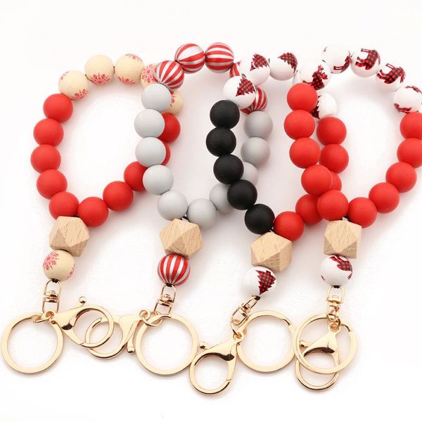 

jewelry 12 colors christmas halloween wooden bead string bracelet xmas keychain food grade silicone beads bracelets women girl key ring wris, Slivery;golden