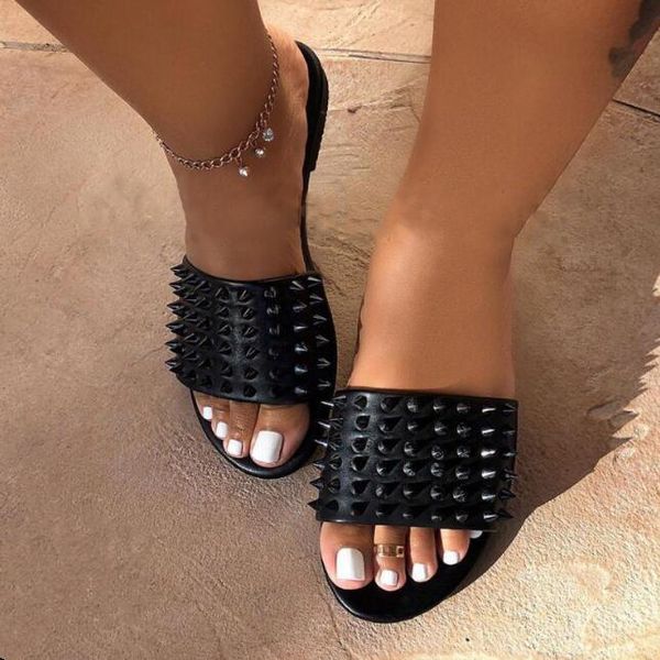 

send 2021 women fashion summer rivets open toe flat women's beach shoes outdoor lightweight non-slip slippers, Black