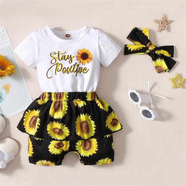 

clothing sets born baby girls summer clothes letter romper + sunflower short+hairband infant girl clohing 6 12 18 24 months, White