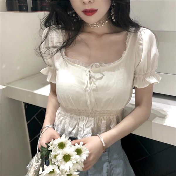 

women's blouses & shirts womens solid short sleeve chiffon ladies casual lace square collar vintage blusas mujer, White