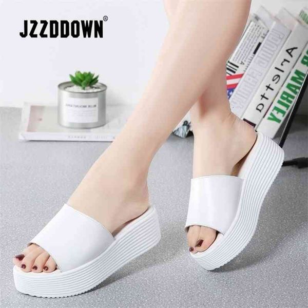 

jzzdown summer women slippers split leather open toe thick soled female outside wees black white beach sandals 210310