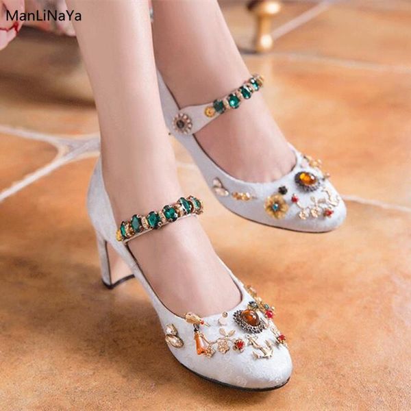 

luxury design metal string bead women pumps runway round toe shining gemstone wedding shoes classics female mary janes dress, Black