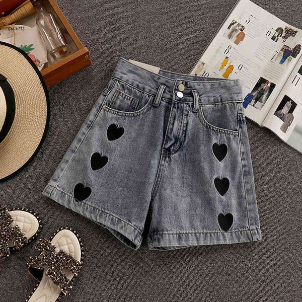 

women's shorts summer new retro women high waist wide legs jean female loose love heart embroidered denim mujer fjse, White;black