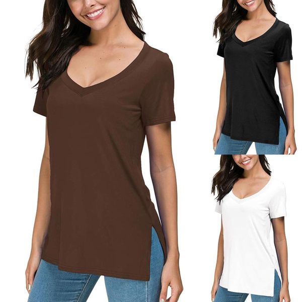 

women's tees solid summer deep v neck t-shirts side split short sleeve spring 2021 women fashion damskie t-shirty t-shirt, White