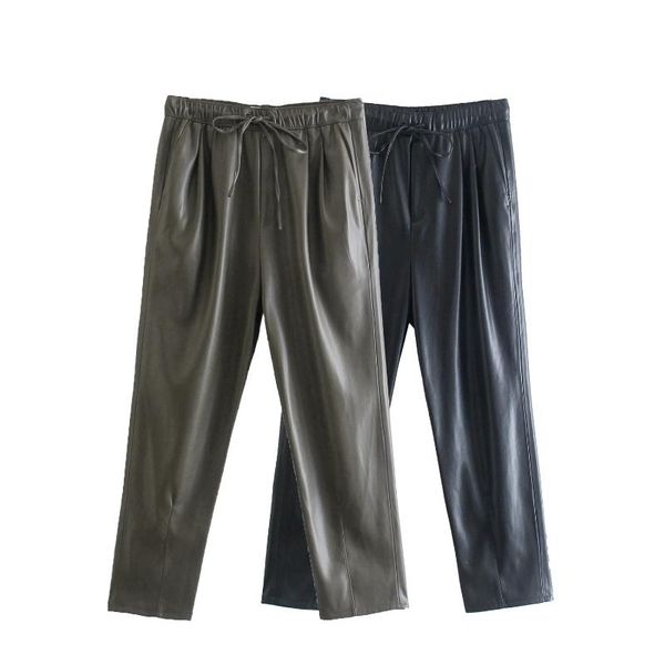 

women's pants & capris women 2021 za fashion side pockets faux leather weekend trousers vintage high elastic waist drawstring female an, Black;white