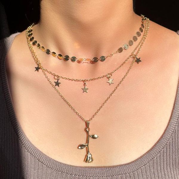 

chains flatfoosie fashion multi-layer sequins coin star metal necklace for women golden flower pendant long chain boho jewelry, Silver