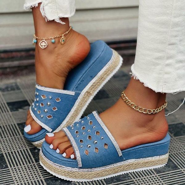 

slippers women's flip flops 2021 fashion sandals simple vamp rhinestone rivets thick-soled beach shoes adult, Black