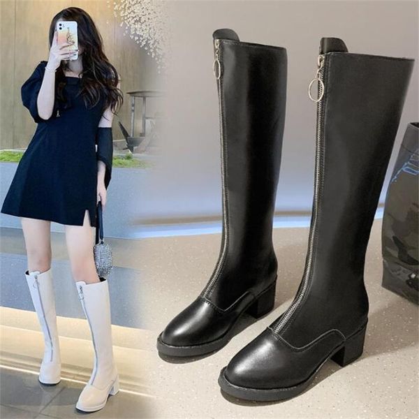 

boots square heel knee-high classic round head pu leather zip women high long chunky block, Black