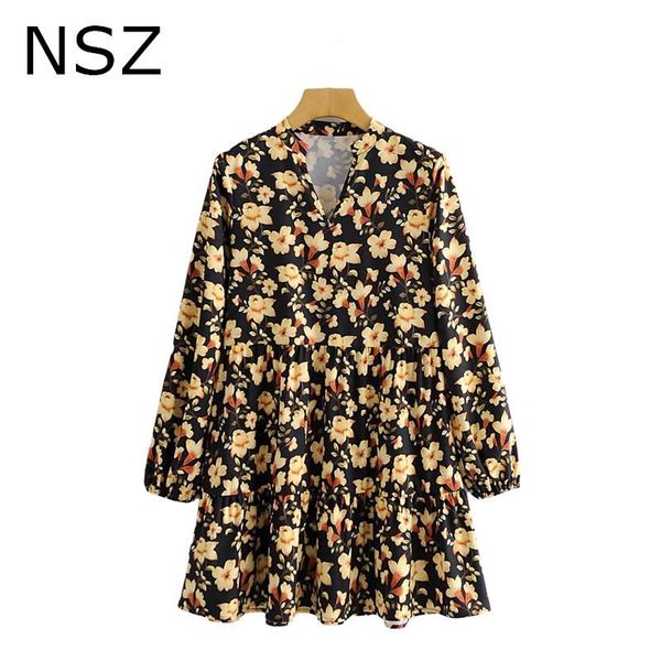 

women floral print v neck vintage smock dress loose pleated fashion short mini vestidos mujer casual dresses, Black;gray