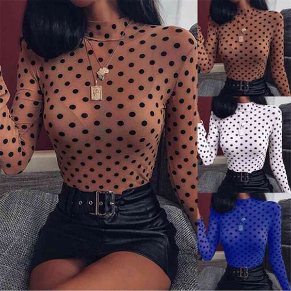 Women T-Shirt Mesh Polka Punktdruck Slim Stretch Long Sleeve High Neck Top Through Party Transparent Hollow Out Clubwear 210522