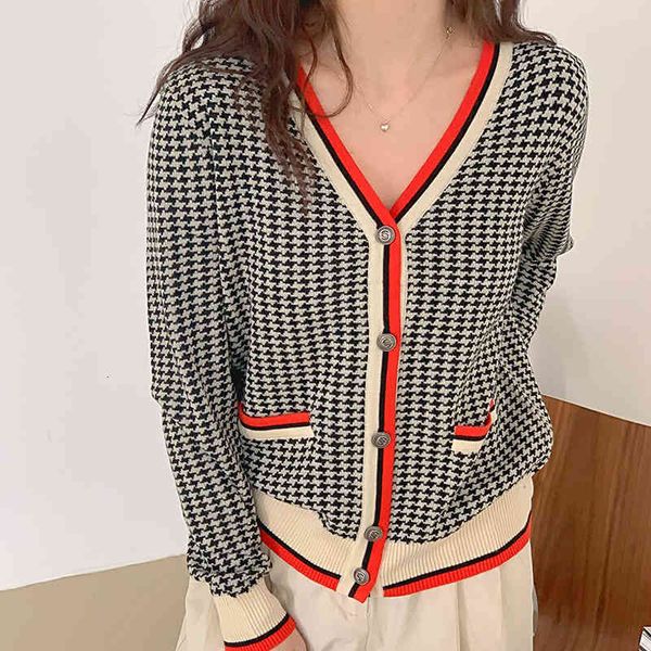 

sweater woman 2021 fall new korean version of the chidori grid loose thin knitting cardigan, White;black