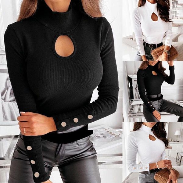 

spring and autumn fashion sleeve button high neck hollow slim chest rib women's t-shirt, White