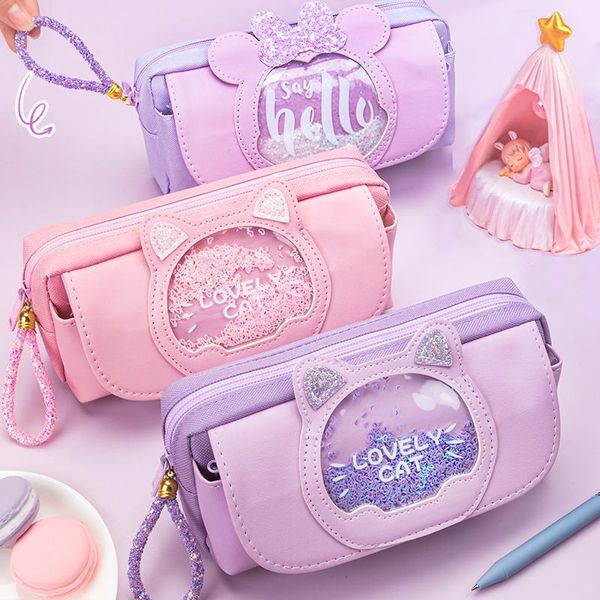 

pencil bags 2021 case girl card love cartoon cat large-capacity net red quicksand bag stationery