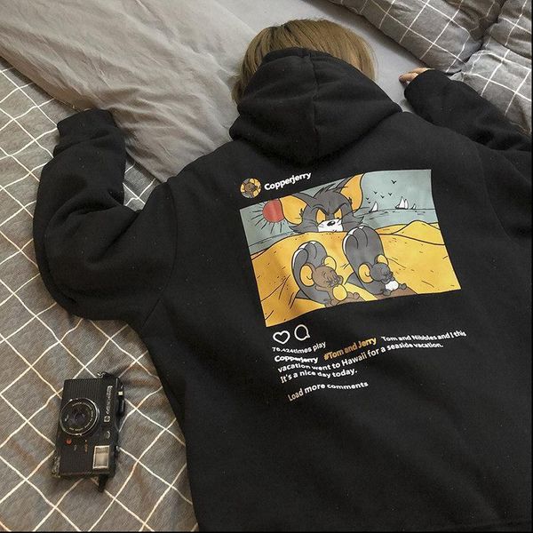 

cartoon printed student autumn womens hoodie harajuku streetwear loose cute hooded bf style girls kawaii casual, Black