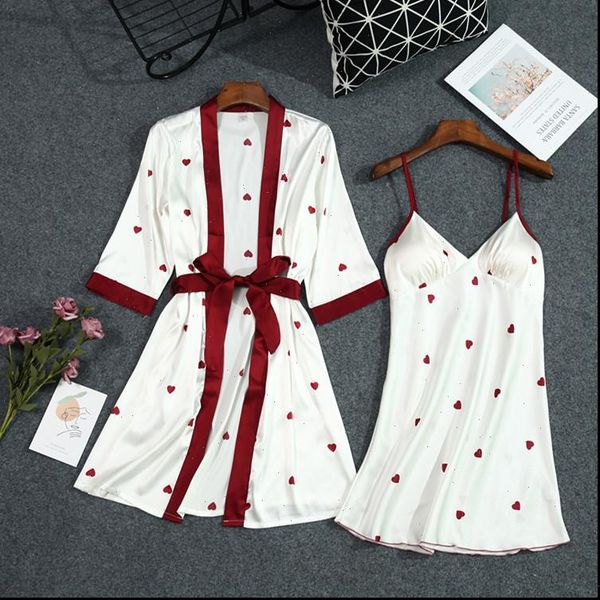 

white heart print kimono womens sleepwears robe gown suit with belt v neck nightdress set lady casual home dress, Black;red