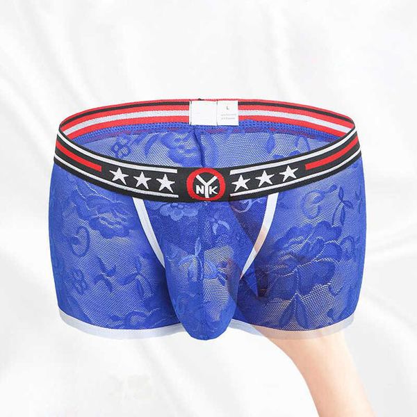 

underpants fashion men's lace transparent underwear nylon comfortable male leisure boxer shorts convex u pouch homme, Black;white